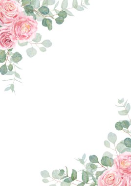 Okaliptüs ve güllerin dalları suluboya el çizimi. Yeşil yaprakların botanik tablosu, pembe çiçekler. Düğün davetiyeleri, baskılar, selamlar, tekstil kadar iyi.