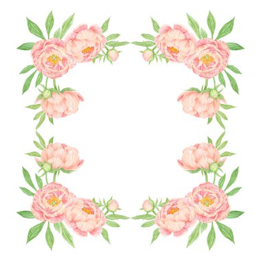 Şeftalili şakayıklı suluboya el çizimi. Gerçekçi çiçek iklimi, çiçek aranjmanı. Çin ulusal sembolü. Kart tasarımı için mükemmel, düğün davetiyesi, parmak izi, tekstil, paketleme.