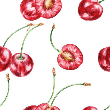Yarım kırmızı kirazlı, dikişsiz desen. Sulu elle çizilmiş suluboya arka plan. Lezzetli yemek sanatı, taze botanik tablosu. Restoran menüsü için yaz meyvesi sanatı, tarım ürünleri ambalajı, vegan ürünler