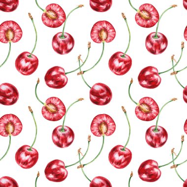 Yarım kırmızı kirazlı, dikişsiz desen. Sulu elle çizilmiş suluboya arka plan. Lezzetli yemek sanatı, taze botanik tablosu. Restoran menüsü için yaz meyvesi sanatı, tarım ürünleri ambalajı, vegan ürünler