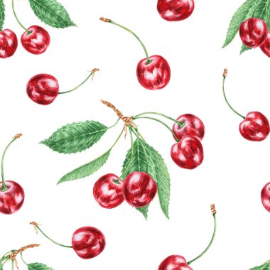 Yarım kırmızı kirazlı, dikişsiz desen. Sulu elle çizilmiş suluboya arka plan. Lezzetli yemek sanatı, taze botanik tablosu. Restoran menüsü için yaz meyvesi sanatı, tarım ürünleri ambalajı, vegan ürünler