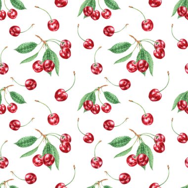 Yarım kırmızı kirazlı, dikişsiz desen. Sulu elle çizilmiş suluboya arka plan. Lezzetli yemek sanatı, taze botanik tablosu. Restoran menüsü için yaz meyvesi sanatı, tarım ürünleri ambalajı, vegan ürünler