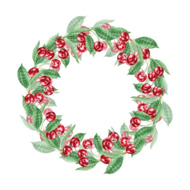 Kırmızı kiraz. Sulu el çizimi suluboya çizimi. Lezzetli yemek sanatı, taze botanik gerçekçi resim. Restoran menüsü için yaz meyvesi tırpanı, tarım ürünlerinin ambalajı, vegan ürünleri