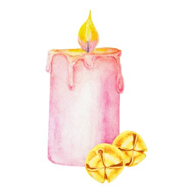 Pembe yanan mum ve altın metal çan. Kesilmiş, izole edilmiş klipsli sanat. Etkinlik, Noel ve Mutlu Yıllar için elle çizilmiş suluboya resimleri baskılar ve dekorasyonlar, davetiyeler, kartlar