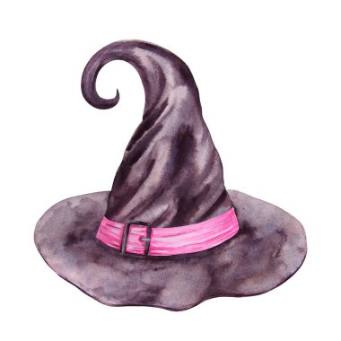 Cadı şapkası, büyücü, sihirbaz. Mistisizmin, sihrin, astrolojinin Gotik özellikleri. Cadılar Bayramı 'nın sembolü, Şabat, karnaval, tema partisi. Suluboya el kesildi ve izole edildi.