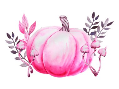 Pink pumpkin, squash, poisonous mushroom and plants. Cut out isolated autumn vegetable clipart. Botanical realistic hand drawn watercolor painting. Halloween design element. Suitable for invitations clipart