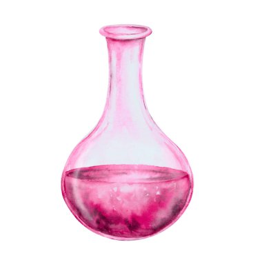 Cam şeffaf matara, pembe sıvı şişesi, aşk iksiriyle test tüpü, sihirli iksir. Cadılar Bayramı, Şabat, Sevgililer Günü için özellikler. Bir cadının suç ortağı, büyücü, falcı, kimyager.