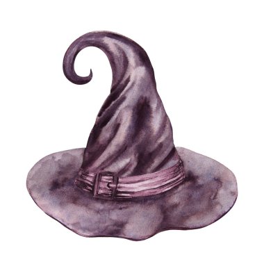 Cadı şapkası, büyücü, sihirbaz. Mistisizmin, sihrin, astrolojinin Gotik özellikleri. Cadılar Bayramı 'nın sembolü, Şabat, karnaval, tema partisi. Suluboya el kesildi ve izole edildi.