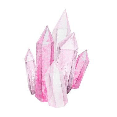 Kristal, taş. Çokgen, yönlü mineral. Şeffaf ve parlak pembe kaya parçası. Elmas, gül kuvars, ametist. Suluboya el izole edilmiş tırpanı çekti. Zenginliğin ve büyücülüğün sembolü