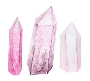 Kristal, taş. Çokgen, yönlü mineral. Şeffaf ve parlak pembe kaya parçası. Elmas, gül kuvars, ametist. Suluboya el izole edilmiş tırpanı çekti. Zenginliğin ve büyücülüğün sembolü