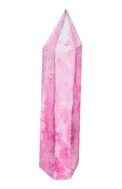 Kristal, taş. Çokgen, yönlü mineral. Şeffaf ve parlak pembe kaya parçası. Elmas, gül kuvars, ametist. Suluboya el izole edilmiş tırpanı çekti. Zenginliğin ve büyücülüğün sembolü