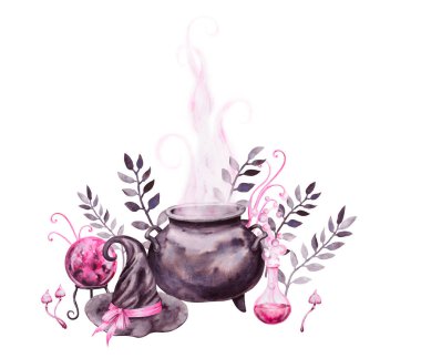 Cadılar Bayramı 'nda. İksirli siyah kazan, zehirli mantarlar, cadı şapkası, pembe sıvı ile şeffaf cam şişe, falcılık için sihirli bir top. Suluboya el kesildi