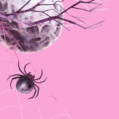 Cadılar Bayramı, Cadı Şabat kartpostal şablonu. Kara dolunay, ağaç dalı ve ağda örümcek. Suluboya el çizimi izole bir illüstrasyondan çıkarıldı. Sihirli gece çizimi.