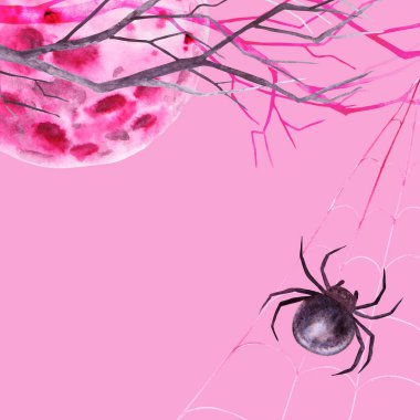 Cadılar Bayramı, Cadı Şabat kartpostal şablonu. Pembe dolunay, ağaç dalı ve ağda örümcek. Suluboya el çizimi izole bir illüstrasyondan çıkarıldı. Sihirli gece çizimi.