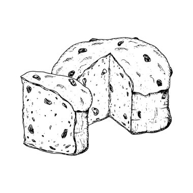 Geleneksel İtalyan Noel pastası Panettone 'un el çizimi mürekkep vektör çizimi. Yeni yıl baskıları, pastane ambalajı, pastane, kafe için uygun kuru üzümlü pasta klip sanatı