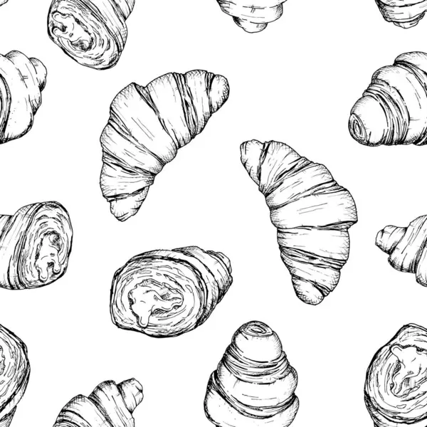 Elle çizilmiş kruvasanların kusursuz vektör deseni: bir bütün ve kesik, dolgu dolu. Taze hamur işlerinin detaylı çizimi. Fırın tasarımı, ambalaj kağıdı ve mutfak için ideal.