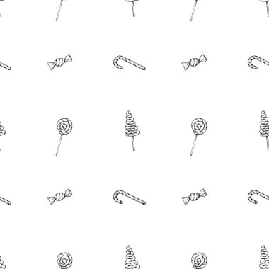 Kusursuz vektör el çizimi lolipoplar ve baston şekerlerden oluşan mürekkep deseni. Noel tasarımları için şenlikli tatlılar, pastacılar için baskılar, pastaneler paketleme, ambalaj kağıdı, tekstil