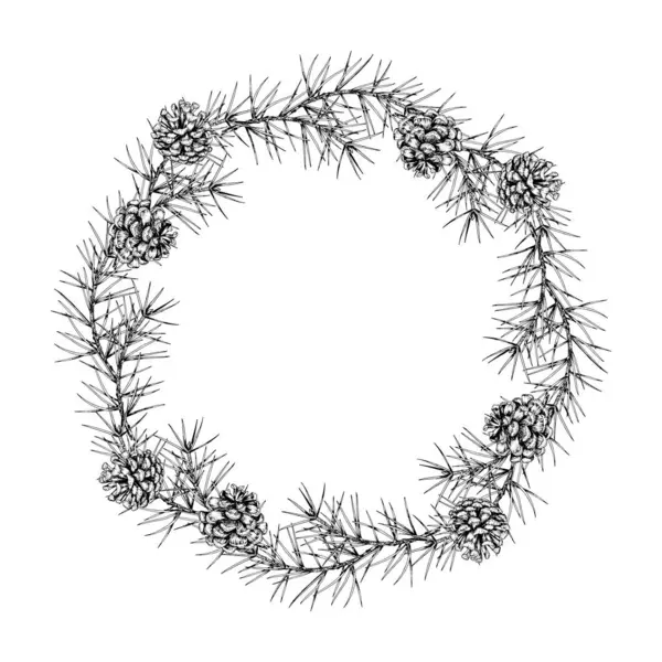 Çam dalları ve konilerden oluşan detaylı bir el çizimi vektör çelengi. Dairesel çerçeve. Noel tatili tasarımları, kış temaları, davetiyeler ve mevsimlik dekorlar için ideal