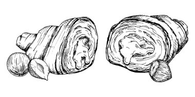 Fındıklı kruvasanların elle çizilmiş detaylı bir tasviri. Siyah beyaz taslak, tuhaf dokuları ve fındık dolgusunu gösteriyor. Fırın, gıda ambalajı veya mutfak tasarımı için ideal