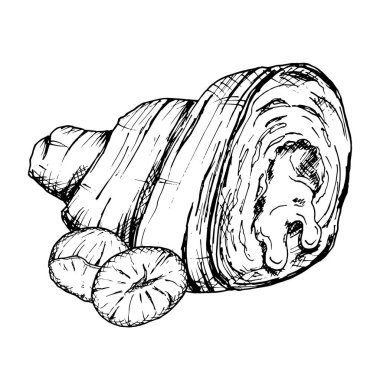 Fındıklı kruvasanların elle çizilmiş detaylı bir tasviri. Siyah beyaz taslak, tuhaf dokuları ve fındık dolgusunu gösteriyor. Fırın, gıda ambalajı veya mutfak tasarımı için ideal