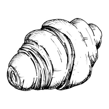 Bir kruvasanın detaylı bir el çizimi çizimi. Pul pul olmuş, katmanlı Fransız pastasının siyah beyaz çizimi. Fırın, kahvaltı ya da yiyecekle ilgili tasarım ve ambalaj kavramları için mükemmel..
