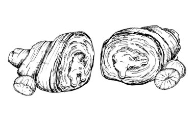 Fındıklı kruvasan kesiminin detaylı bir el çizimi tasviri. Hamur işi ve fındıkların tuhaf katmanlarını gösteren siyah beyaz bir çizim. Fırın, yemek veya aşçılık için mükemmel.