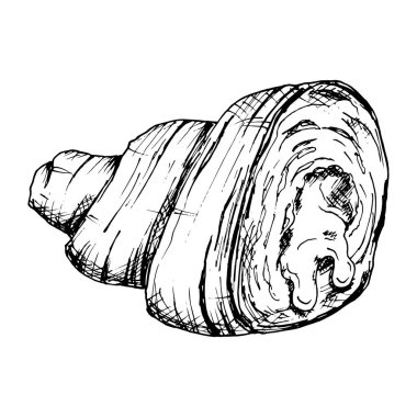 El çizimi, iç katmanların ve bir kruvasanın içini gösteren siyah-beyaz vektör çizimi. Fransız hamurunun katmanlı, rulo dokusunu gösteren detaylı bir çizim. Fırın, yemek ya da aşçılık için ideal