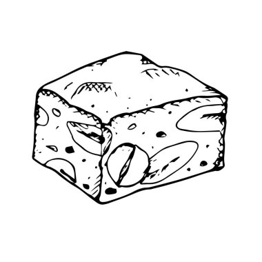 Görünür badem ve fındıklı istiflenmiş fındık parçalarının el çizimi vektör çizimi. Geleneksel Noel tatlı turonu. Tatlı menüleri, şekerleme paketleme ve tatil temalı tasarımlar için ideal..