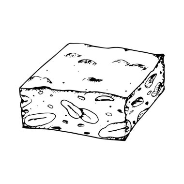 Görünür badem ve fındıklı istiflenmiş fındık parçalarının el çizimi vektör çizimi. Geleneksel Noel tatlı turonu. Tatlı menüleri, şekerleme paketleme ve tatil temalı tasarımlar için ideal..