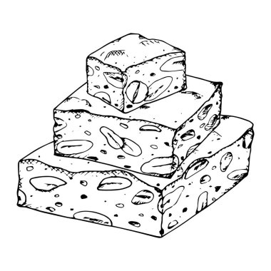 Görünür badem ve fındıklı istiflenmiş fındık parçalarının el çizimi vektör çizimi. Geleneksel Noel tatlı turonu. Tatlı menüleri, şekerleme paketleme ve tatil temalı tasarımlar için ideal..