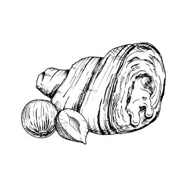 Fındıklı kruvasanların elle çizilmiş detaylı bir tasviri. Siyah beyaz taslak, tuhaf dokuları ve fındık dolgusunu gösteriyor. Fırın, gıda ambalajı veya mutfak tasarımı için ideal