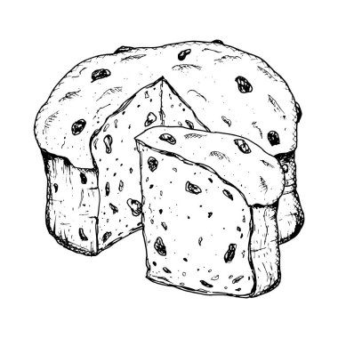 Geleneksel İtalyan Noel pastası Panettone 'un el çizimi mürekkep vektör çizimi. Yeni yıl baskıları, pastane ambalajı, pastane, kafe için uygun kuru üzümlü pasta klip sanatı