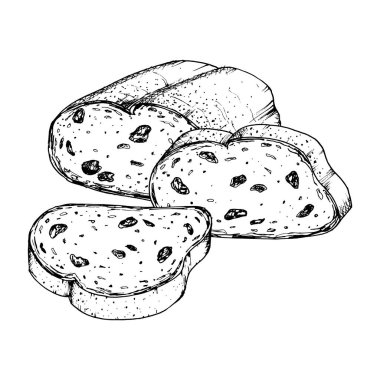 Dilimlenmiş kuru üzümlü ekmeğin detaylı dokusuyla vektör çizimi. Pastane tasarımı, yemek tarifi kitabı, yemek paketleme ya da kahvaltı temalı projeler için ideal. Geleneksel Noel çalı keki, yeni yıl keki