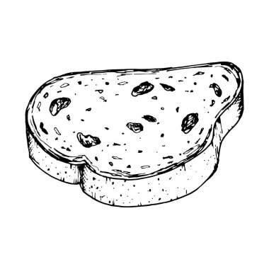 Dilimlenmiş kuru üzümlü ekmeğin detaylı dokusuyla vektör çizimi. Pastane tasarımı, yemek tarifi kitabı, yemek paketleme ya da kahvaltı temalı projeler için ideal. Geleneksel Noel çalı keki, yeni yıl keki