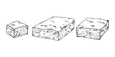 Görünür badem ve fındıklı istiflenmiş fındık parçalarının el çizimi vektör çizimi. Geleneksel Noel tatlı turonu. Tatlı menüleri, şekerleme paketleme ve tatil temalı tasarımlar için ideal..