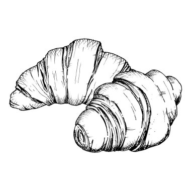Bir kruvasanın detaylı el çizimi çizimi. Katmanlı Fransız hamur işlerinin siyah-beyaz temsili. Fırın, kahvaltı ya da yiyecekle ilgili tasarım ve ambalaj kavramları için mükemmel.