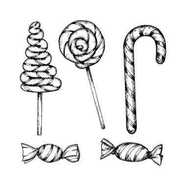 Hand drawn set of vector illustrations of lollipops and candy canes. Festive sweets arranged for Christmas designs, cards, decorative prints for confectioners, bakeries. clipart