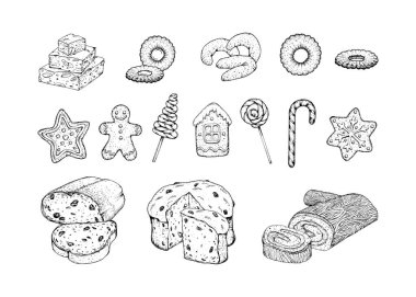 Hand drawn vector illustration of festive Christmas treats and sweets, including gingerbread cookies, candy canes, lollipops, stollen, panettone and other holiday desserts for holiday design projects clipart