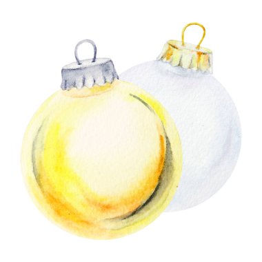 Altın ve beyaz bir Noel süslemesinin suluboya çizimi. Metalik bir kapağı ve asılı bir döngüsü var. Noel tasarımları, tatil kartları ve mevsimlik projeler için şenlikli bir dekorasyon