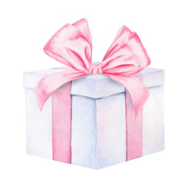 Pembe kurdeleli, pastel bir hediye kutusunun suluboya çizimi. Tatil tasarımları, düğünler, doğum günleri, kutlamalar, ambalajlar, tebrik kartları, romantik temalar veya etkinlik dekorları için mükemmel.