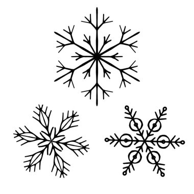 Geometrik kar tanesinin karmaşık detaylarla çizilmiş siyah el çizimi çizimi. Kış temaları, Noel süslemeleri, tatil kartları, şenlik tasarımları veya mevsimlik grafik projeleri için mükemmel