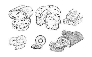 A vector set of detailed black and white ink-style illustrations featuring various Christmas baked goods: bread, panettone, nougat, Linzer cookies, croissants, and roll cakes. Perfect for holiday clipart