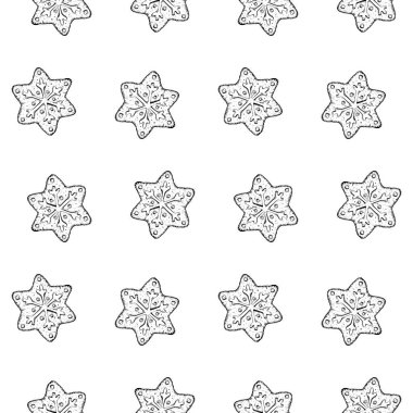 Merry Christmas treat, gingerbread snowflake with icing. Vector hand drawn seamless pattern with ink. Symbol of winter mood. New Year sweetness for bakery packaging, printing, gifts and handicrafts clipart