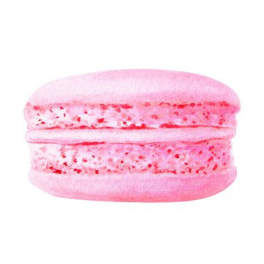 Watercolor illustration of pink macaron with textured layers. The vibrant dessert is depicted in a hand-drawn realistic and artistic style, perfect for culinary design, bakery and pastry shop branding clipart