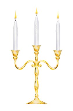 Sarı alevle yanan üç beyaz mumlu zarif altın şamdanın sulu boya klipsi. Düğünler, dekor, romantik yemekler, sevgililer günü, Noel için mükemmel.