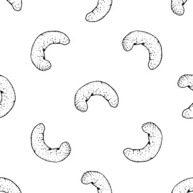 Vanilyalı hilal kurabiyeli kusursuz el çizimi vektör deseni. Noel tatili tasarımları, pastane ambalajları ve tatil dekorasyonları için tek renkli, yumuşak hamur işi mükemmel bir taslak.