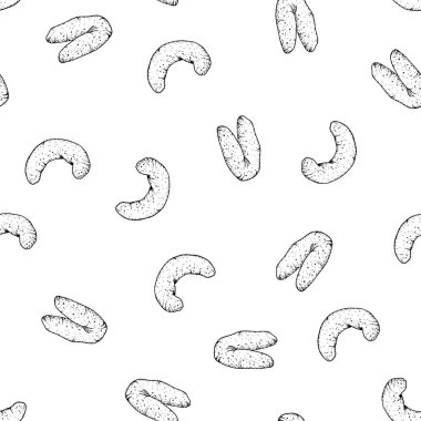 Vanilyalı hilal kurabiyeli kusursuz el çizimi vektör deseni. Noel tatili tasarımları, pastane ambalajları ve tatil dekorasyonları için tek renkli, yumuşak hamur işi mükemmel bir taslak.