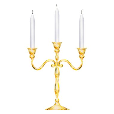 Suluboya, zarif altın rengi şamdanın üç beyaz mumla izole edilmiş bir parçası, mumlu bir şamdan. Düğünler, dekor, romantik yemekler, sevgililer günü, Noel için mükemmel.