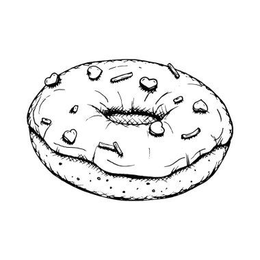 Şekerli ve kalp şeklinde serpiştirilmiş bir donutun vektör çizimi. El yazısıyla çizilmiş, Sevgililer Günü tasarımları, menüler, ambalaj ve markalaşma için mükemmel. Romantik ve tatlı titreşimler.