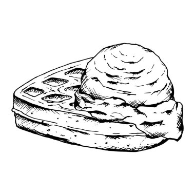 Elle çizilmiş siyah-beyaz vektör çizimi yumuşak kalp şeklinde Belçika waffle 'ı ve bir kepçe dondurma. Fırın menüleri, tatlı markaları, ambalajlar, tatil aşçılık tasarımları ve...
